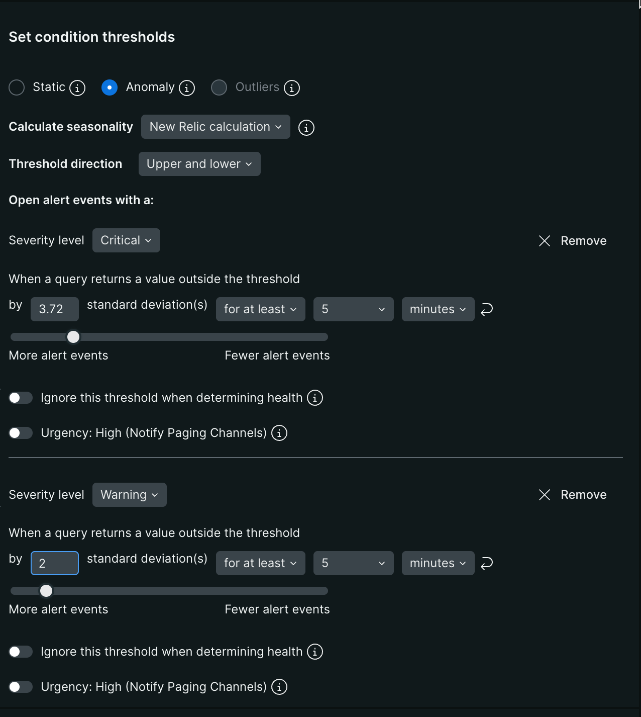 Set anomaly thresholds Screenshot showing the anomaly threshold configuration options in the New Relic UI