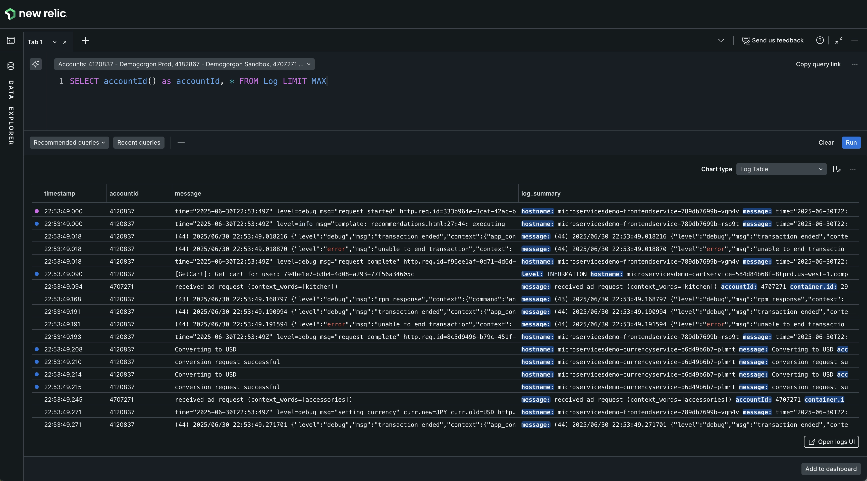 Image of logs table cross account query in the UQE