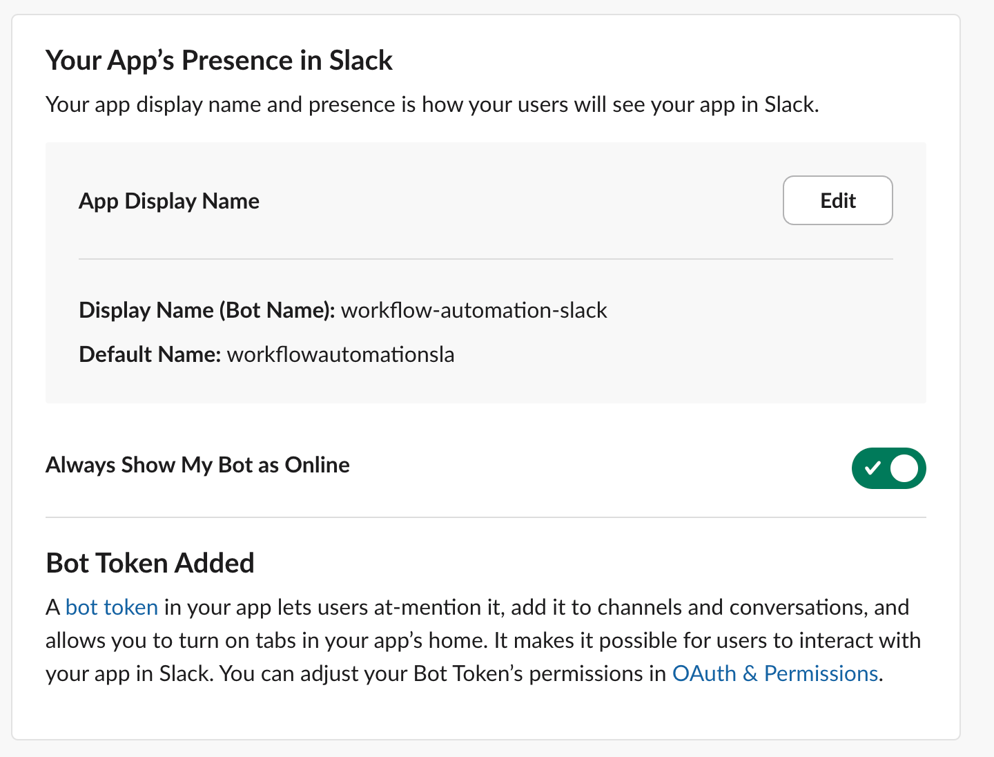 The Slack App Home page with the My Bot online status highlighted.