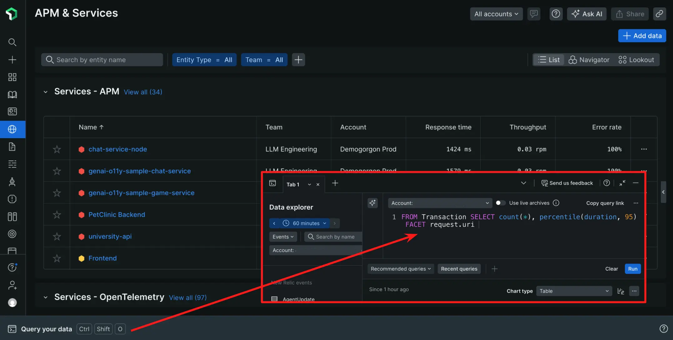 Open the new query console at the bottom of the New Relic UI 