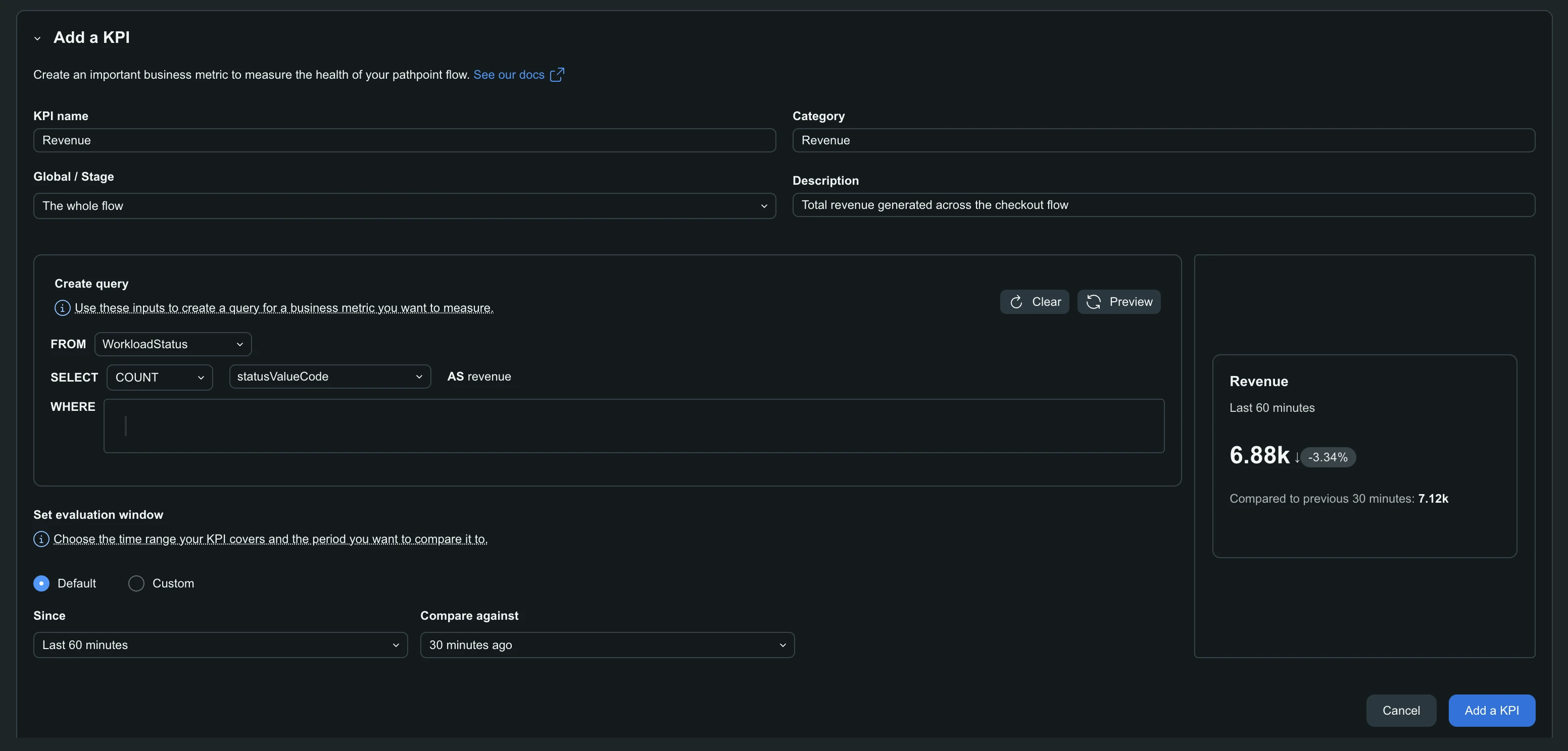 Add a KPI A screenshot showing the Add a KPI form filled in with a Revenue KPI, and the resulting preview chart.