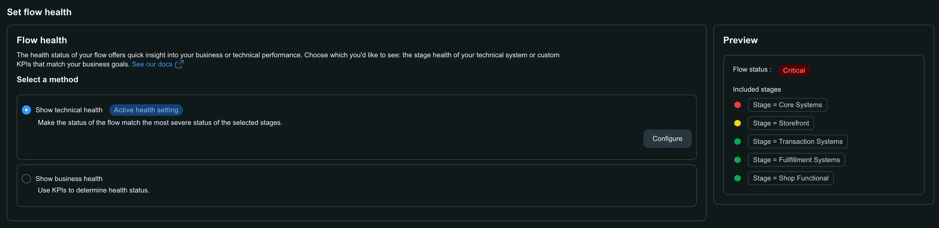 Set flow health A screenshot showing the Set flow health page with the technical health and business health options and a status preview panel.