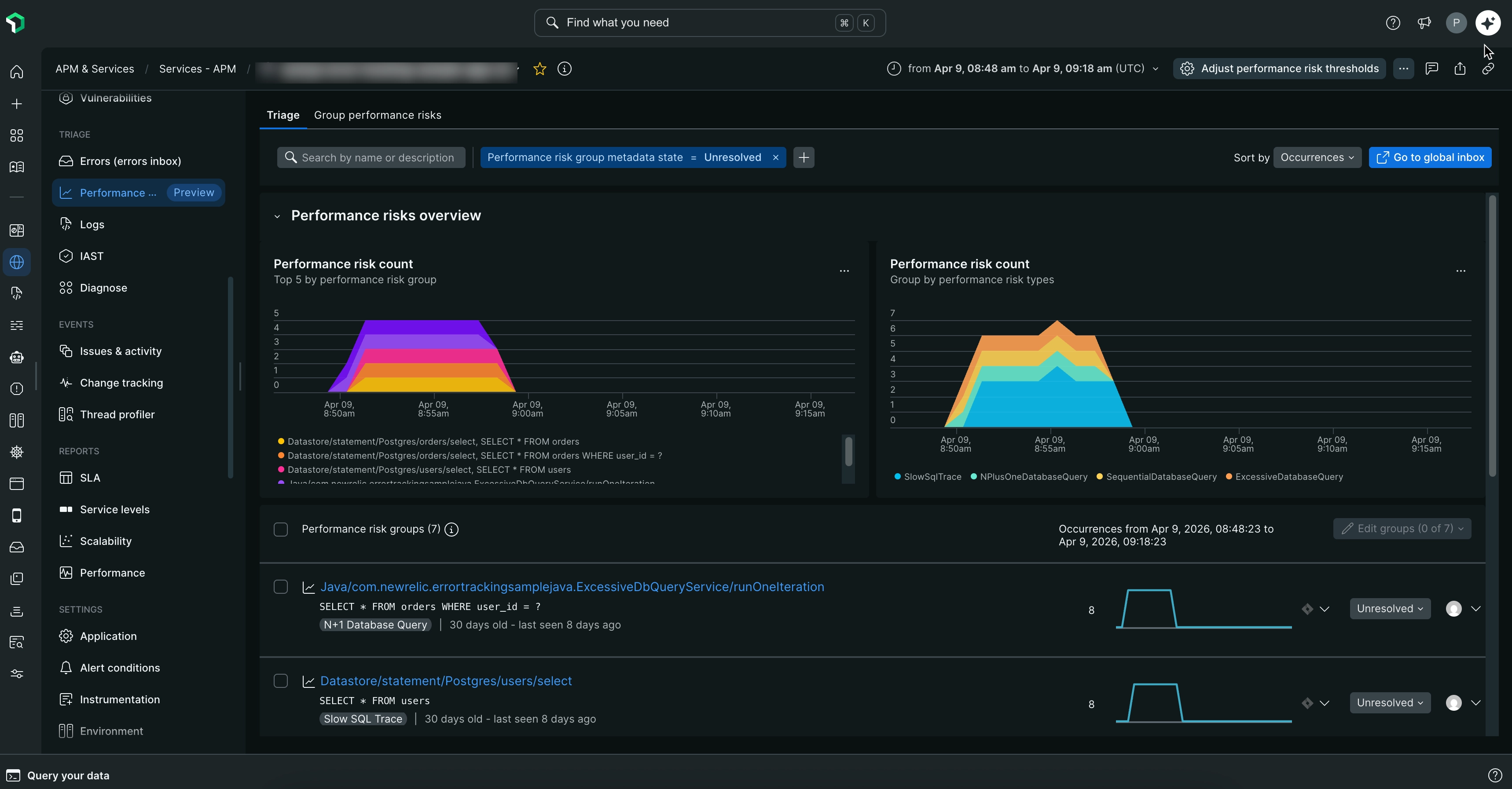 Screenshot of Performance Risks inbox showing a list of performance issues with details such as issue type, affected entities, and occurrence frequency. Screenshot of Performance Risks inbox showing a list of performance issues with details such as issue type, affected entities, and occurrence frequency.