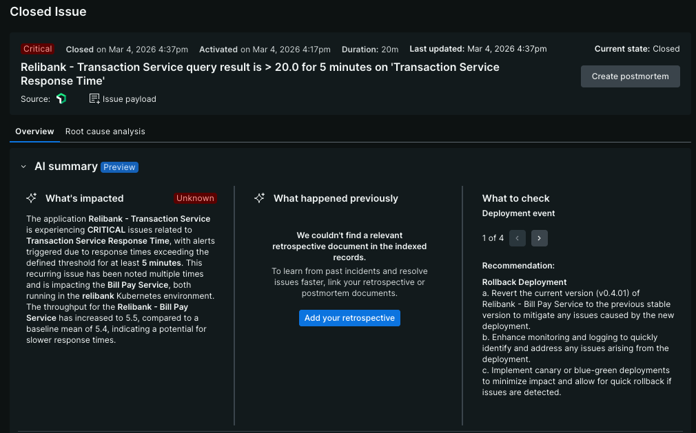 Screenshot of root cause analysis page showing related change events
