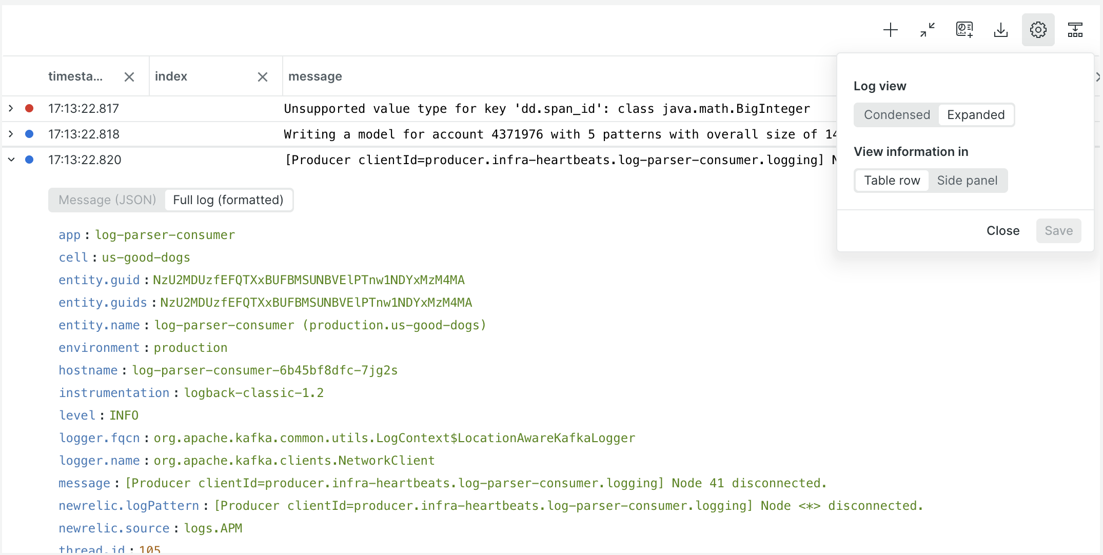 "Screenshot showing new log table settings options"